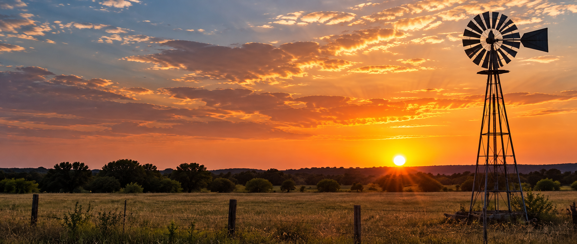 Oklahoma countryside and windmill at sunset